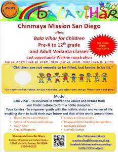 Chinmaya Mission San Diego - Last Opportunity Walk-In Registration - Bala Vihar Program For Grades Pk-12 And Adult Vedanta Classes
